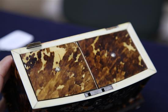 An early Victorian mother of pearl inlaid tortoiseshell tea caddy, 7in.